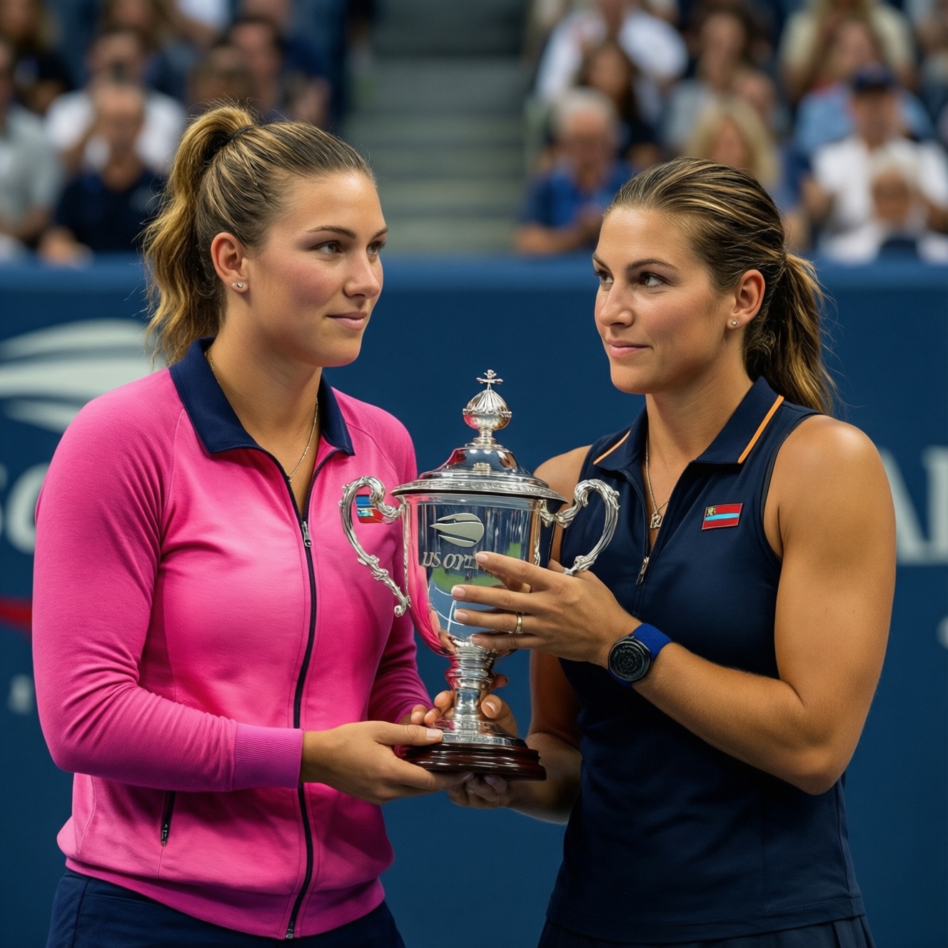 Елена Рыбакина получила трофей Us open из рук Марии Шараповой